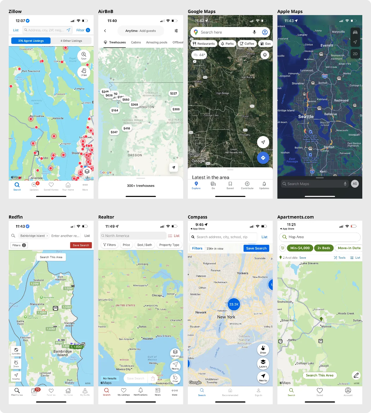 Competitive analysis board comparing how eight apps handle map versus list