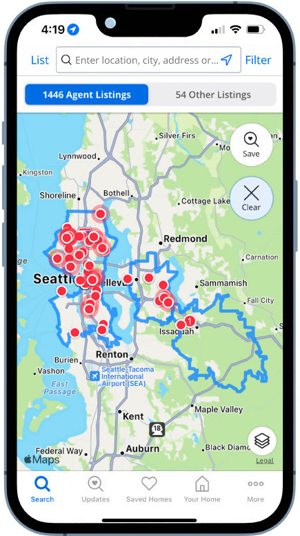 The previous Zillow app search screen: map-first with List and Filter as small text links in the header