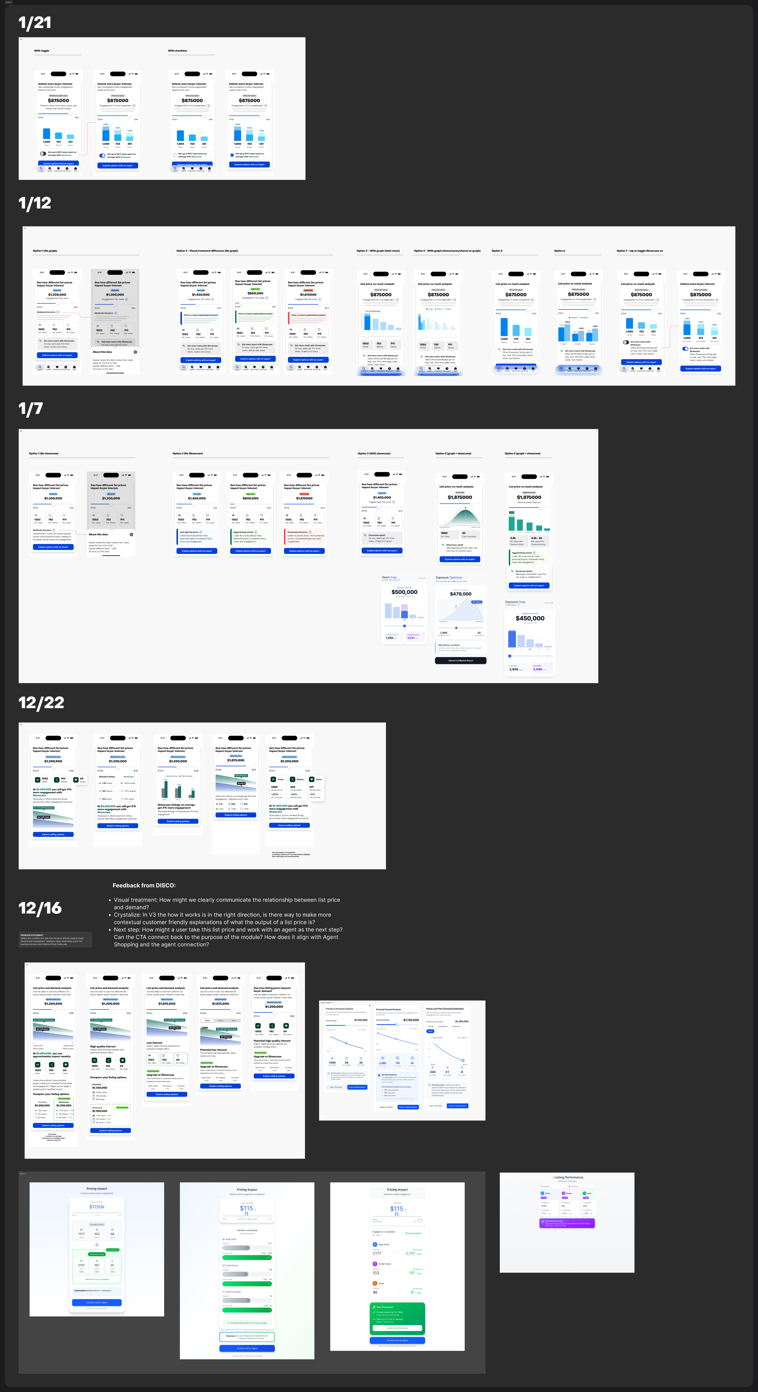 Timestamped Figma history of Demand Discovery explorations