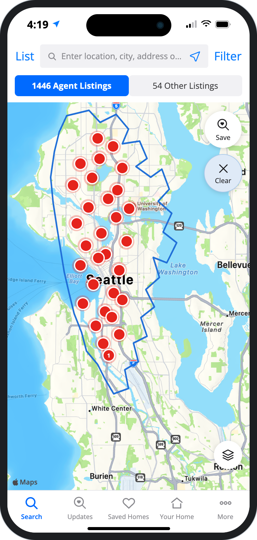 Zillow app search, 2021 baseline: map with List and Filter as text links