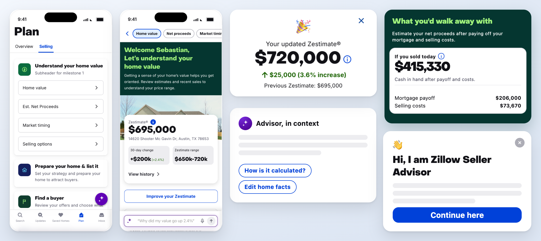 Seller Advisor: plan view, home value, Zestimate update, and net proceeds screens