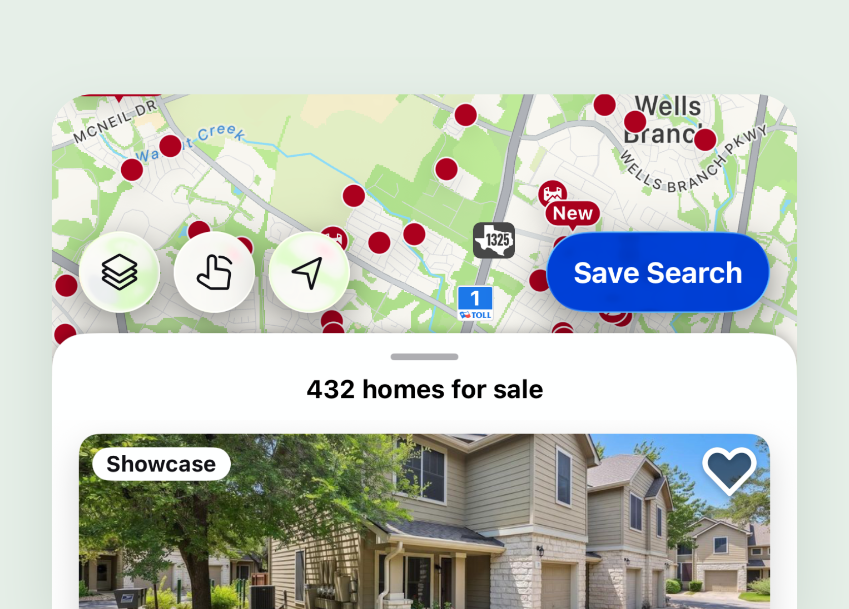 Zillow app search: map with Save search and the results drawer